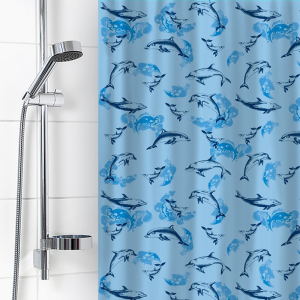 Штора п/э Дельфины голубые New для ванной комнаты. арт. 6984