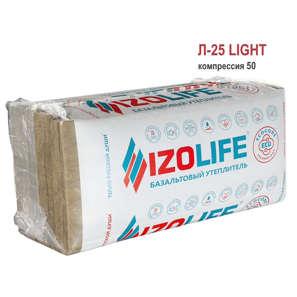 Тепло-звукоиз "IZOLIFE"LIGHT Л-25"компр 50" Пл-50мм*600мм*1200мм*16шт/11,52м кв Тепло-звукоиз "IZOLIFE"LIGHT Л-25"компр 50" Пл-50мм*600мм*1200мм*16шт/11,52м кв